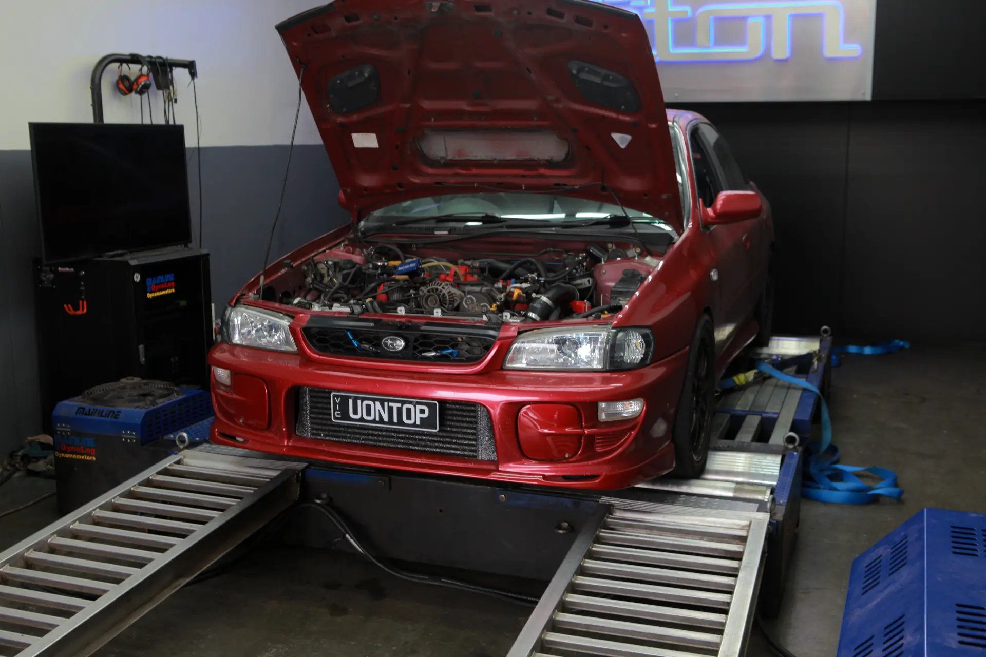 Subaru Impreza GC8 on a Mainline dyno during emissions testing — Tuned by Apex, Epping Melbourne